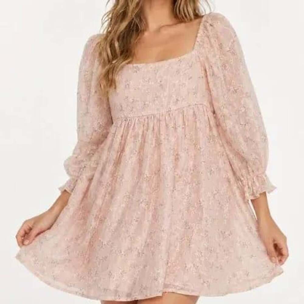 Thirty Thirty LA Pink Floral Eyelet Babydoll Mini Dress Puff Sleeve Sz M